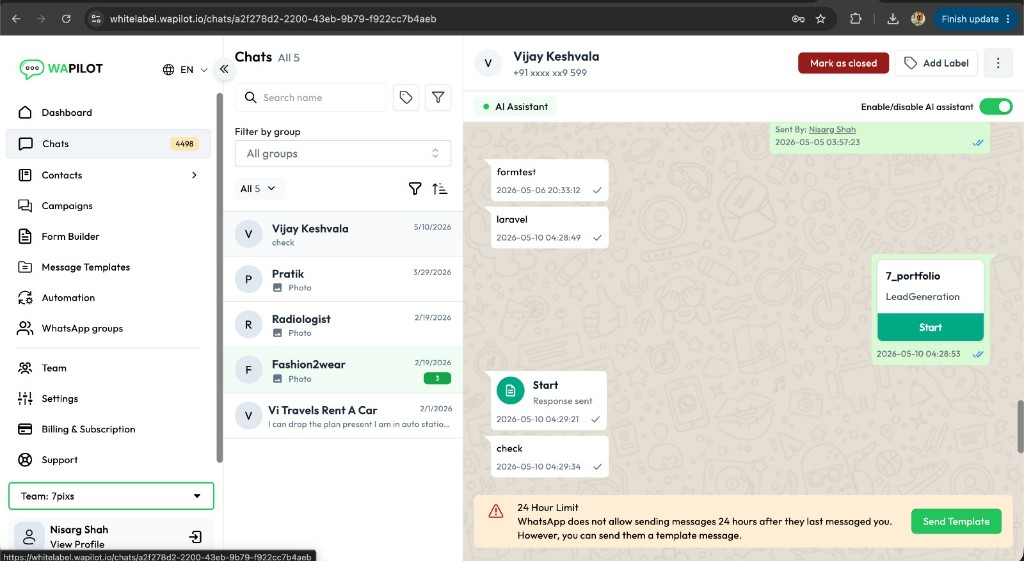 WAPilot V1 shared inbox and chat conversation