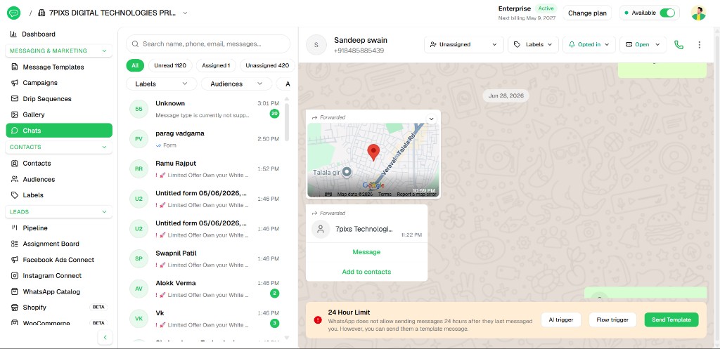 WAPilot V2 inbox with chat list and conversation view